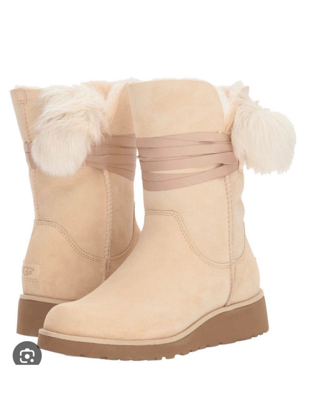 UGG BRITA CREAM TOSCANA POM POM SUEDE WEDGE SHORT BOOTS SIZE US 6.5 WOMENS